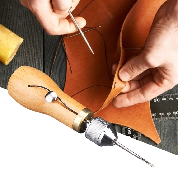 Leather stitching tool with wooden handle and metal needle, for DIY leather sewing