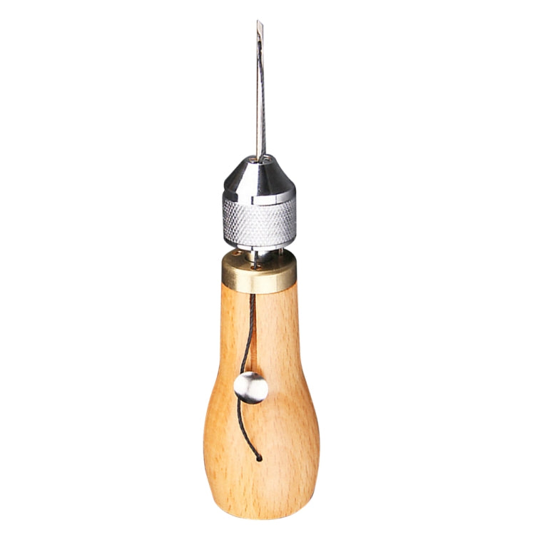 Leather sewing tool with wood handle, brass collar, and steel needle tip