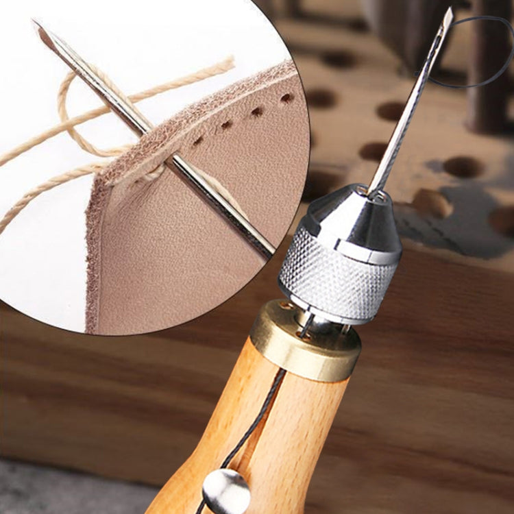 Leather stitching tool with metal needle, shown sewing a light leather piece