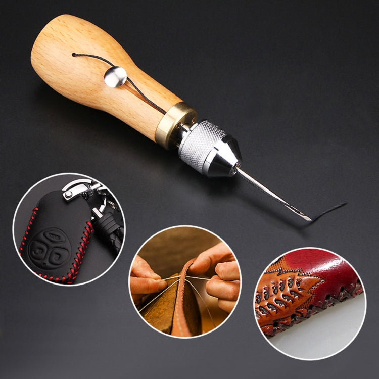 Leather stitching tool with wooden handle and steel needle, with leathercraft examples