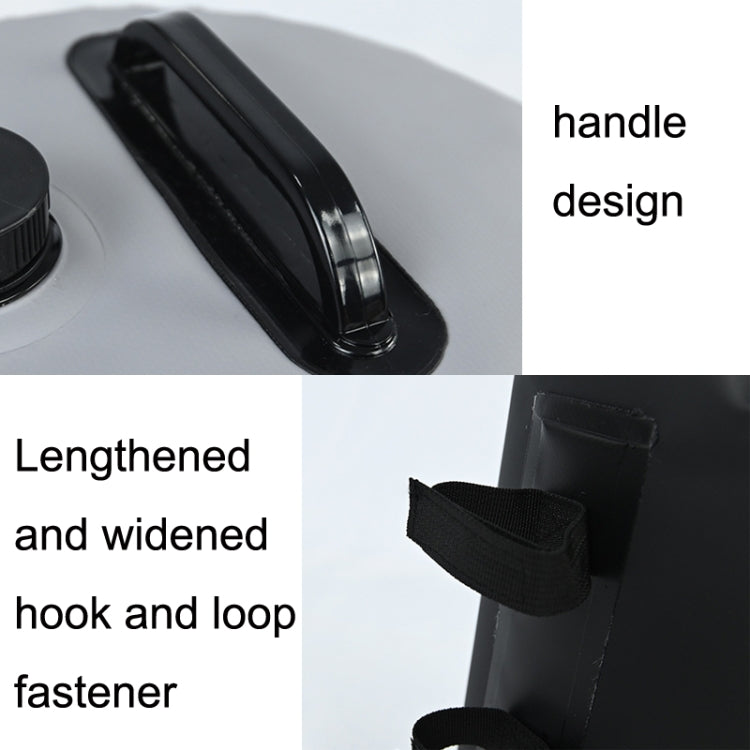 Gray water bag with handle and hook-and-loop fastener straps, close-up