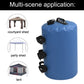 Blue water storage bag with strap loops and handle, multi-scene display