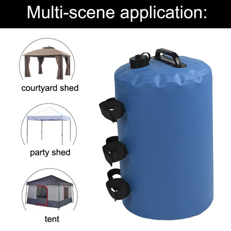 Blue water storage bag with strap loops and handle, multi-scene display