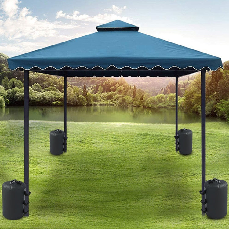 Windproof pop-up tent with blue canopy and four black water weight bags
