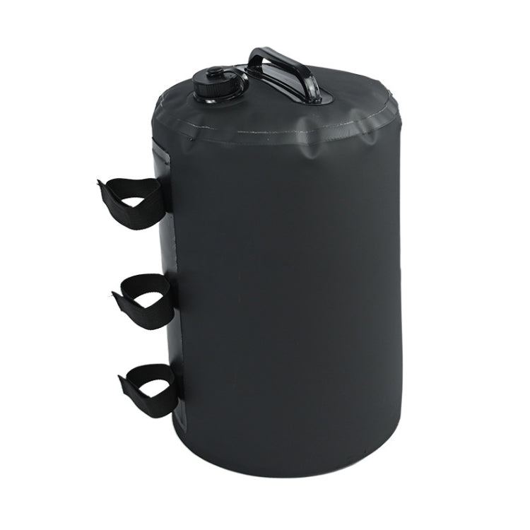 Dark gray water storage bag with screw cap and black carry handle and strap loops
