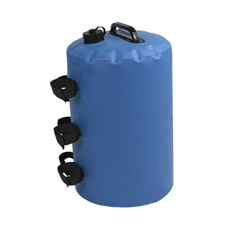 Blue water storage bag with screw cap and black carry handle and strap loops