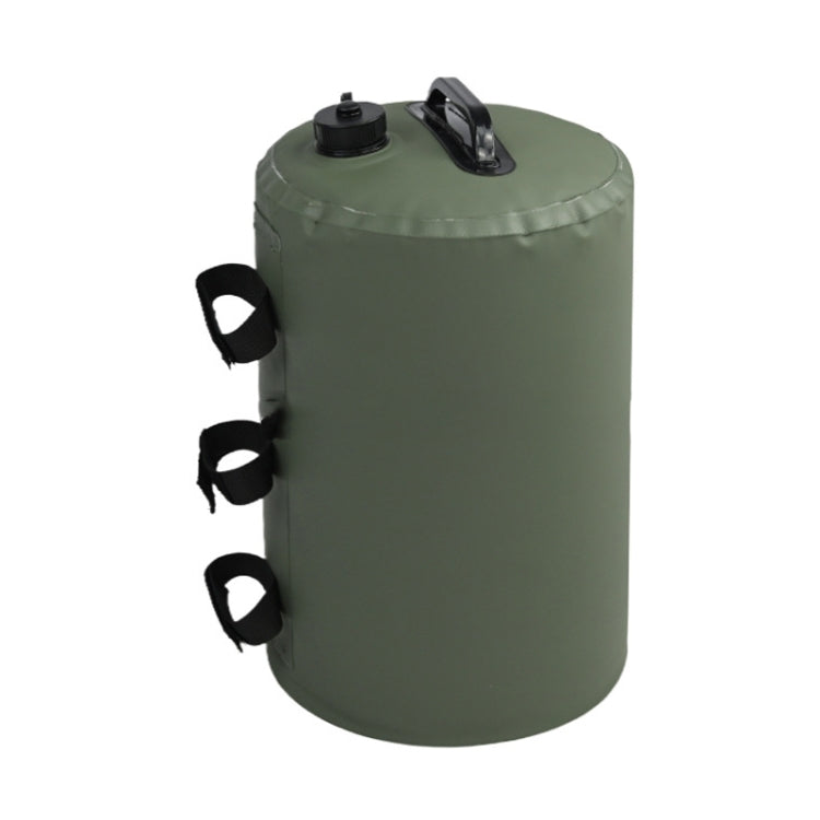 Green water storage bag with screw cap and black carry handle and strap loops