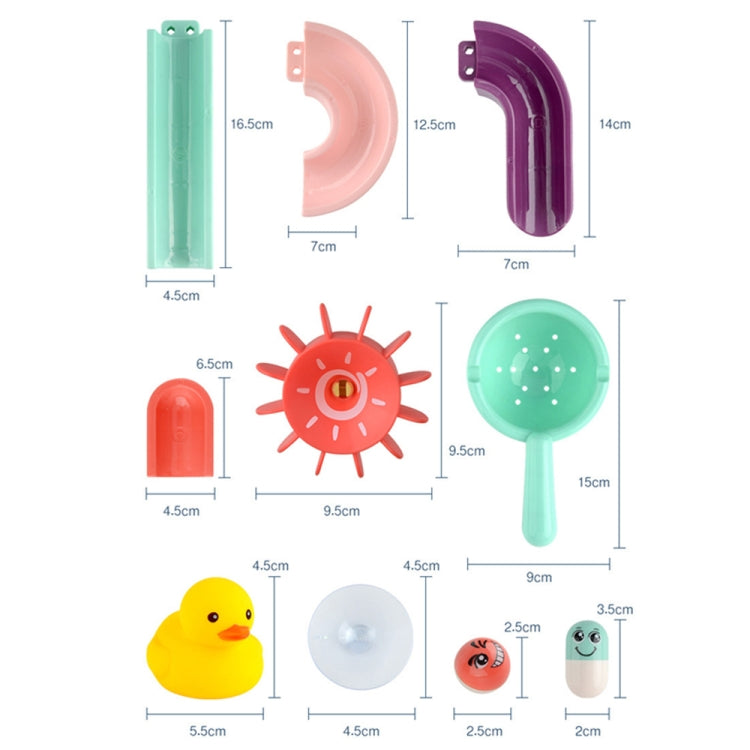 Bath slide toy parts diagram with suction cup, track pieces, duck and fish figures