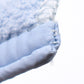 Light blue hemmed mop cloth corner close-up, textured pile and stitched hem