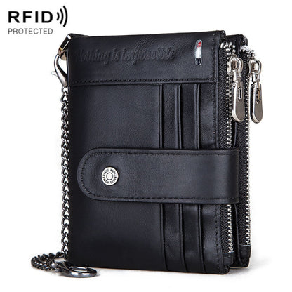 Black leather RFID wallet with dual zippers, front card slots, and chain strap