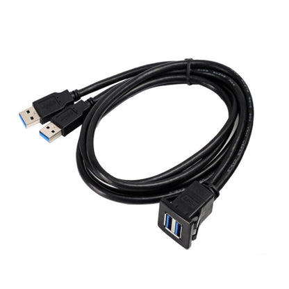 Black USB 3.0 dual-port extension cable with two USB-A plugs and dual ports, 1 m