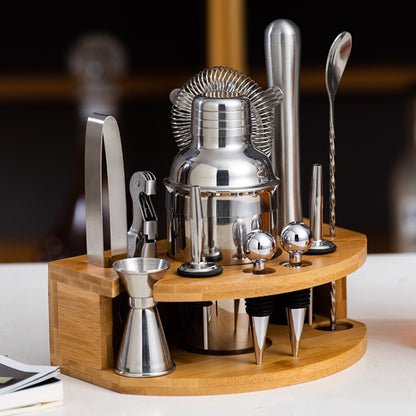 Stainless steel bar shaker set with semicircle wooden base, jigger, spoons, caps