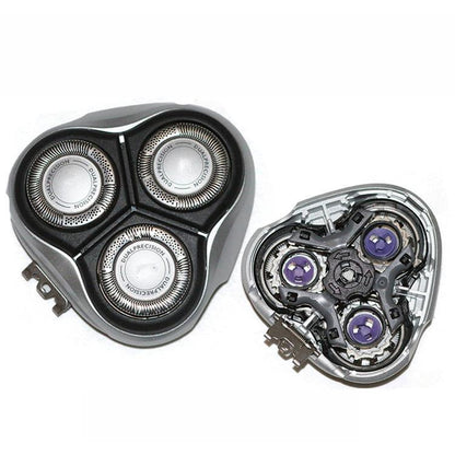Silver and black shaver replacement head set with three dual foil cutters