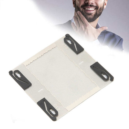 Beige shaver replacement foil cartridge with black corners and mounting holes, square