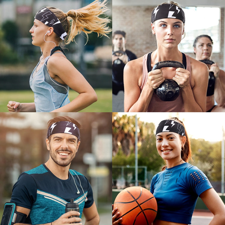 Athletes wearing black lightning print fitness headbands for running and workouts