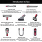 Vacuum attachment tips: extension hose, crevice cleaning tool, and soft dusting brush.