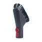 Soft vacuum brush attachment with dark bristles and red button control.