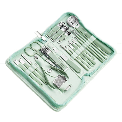 Green stainless steel nail tool set in zip pouch with multiple manicure tools