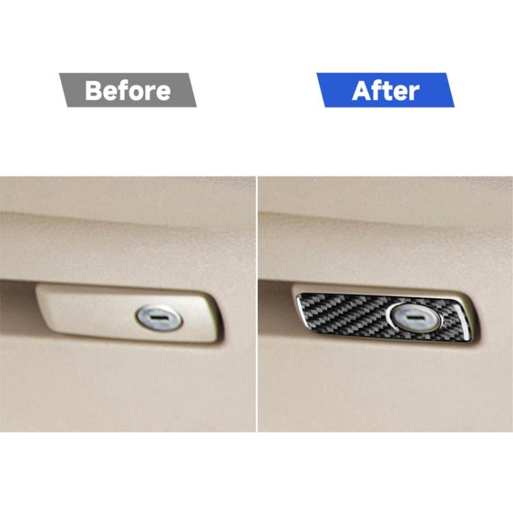 Glove box handle trim with carbon-fiber sticker and round insert (after view)