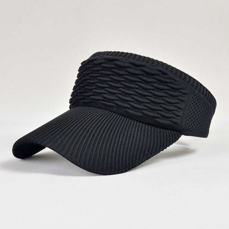 Black knit peaked sun cap with ribbed crown, curved brim, and ventilation eyelets.