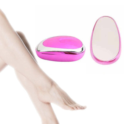 Rose-gold and pink teardrop manual glass epilator with protective cap, shown near leg.