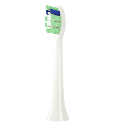 Toothbrush head with green and blue bristles, white handle