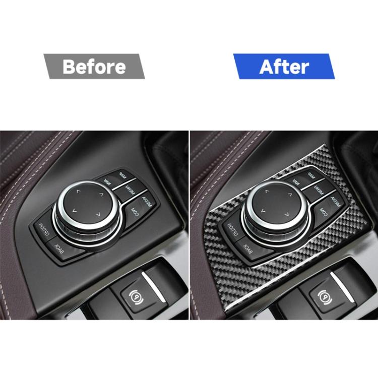 Carbon-fiber style multimedia knob panel sticker with glossy trim around controls