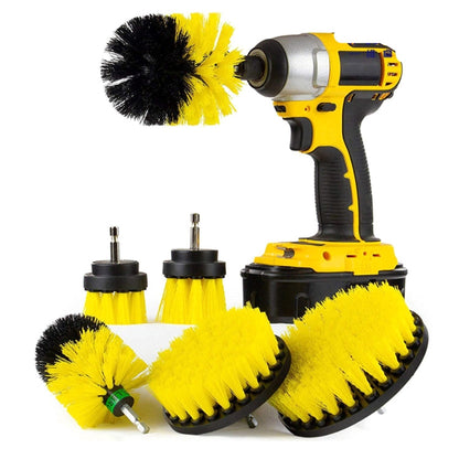 Yellow electric drill cleaning brush set with rotating disc and round scrub head