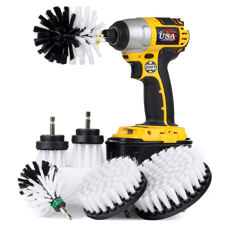 White electric drill cleaning brush set with rotating disc and round scrub head
