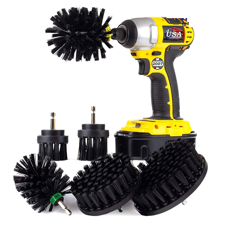 Black electric drill cleaning brush set with rotating disc and round scrub head