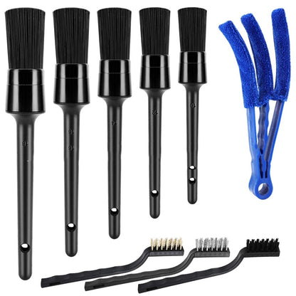 Car interior cleaning brush set with black handles, assorted bristle heads, and blue detail tool