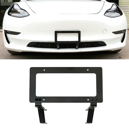 Front license plate bracket frame with black mounting tabs, punch-free design