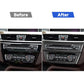 Car center console trim stickers installed, carbon fiber pattern over radio and controls