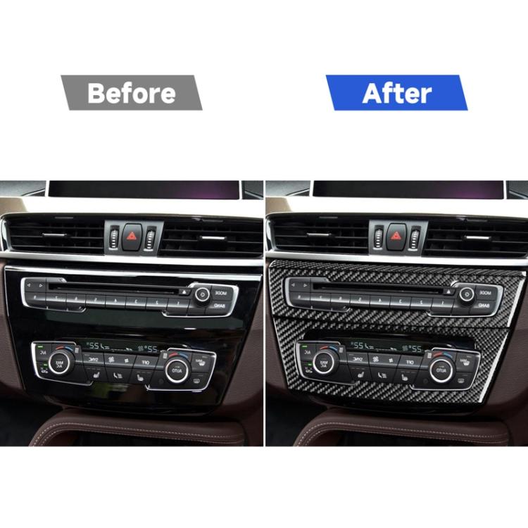 Car center console trim stickers installed, carbon fiber pattern over radio and controls