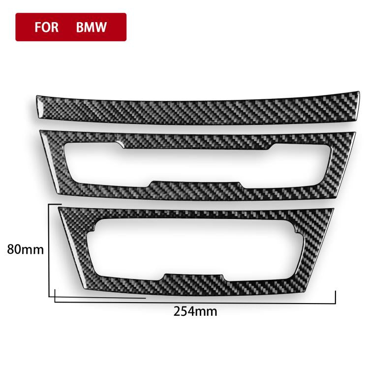 Carbon-fiber style dashboard trim sticker set with three rectangular panels and size guides