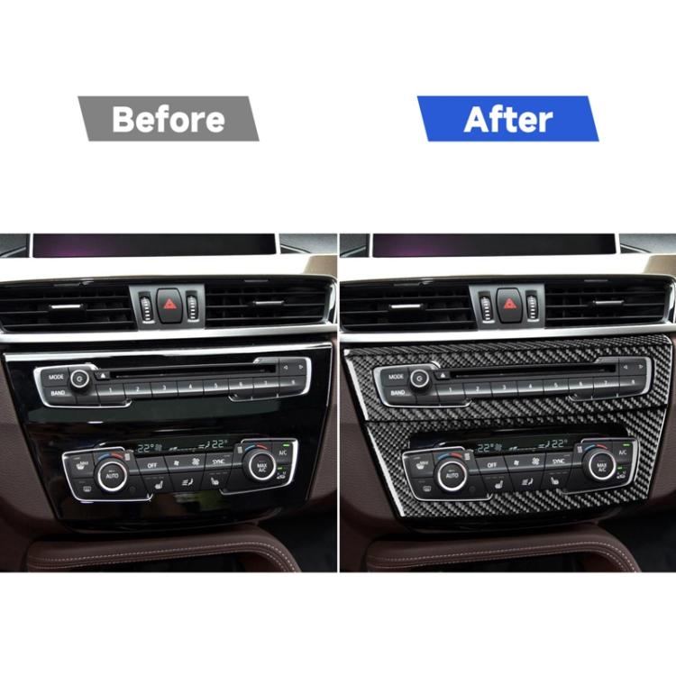 Carbon-fiber interior panel overlays on center console, showing before and after