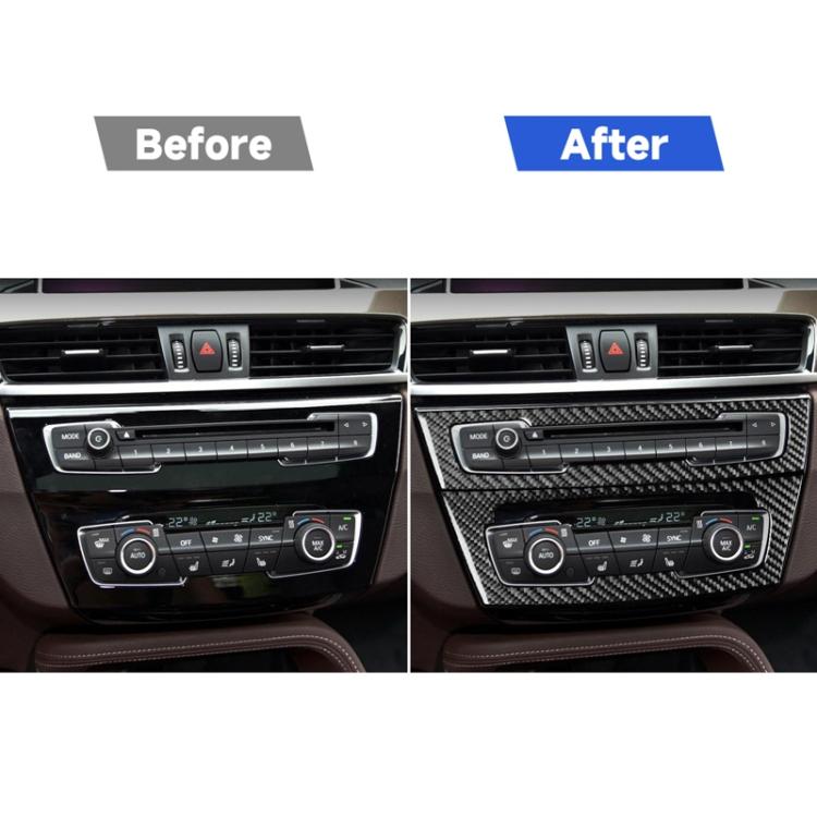 Car center console with carbon-fiber radio and AC panel sticker set installed