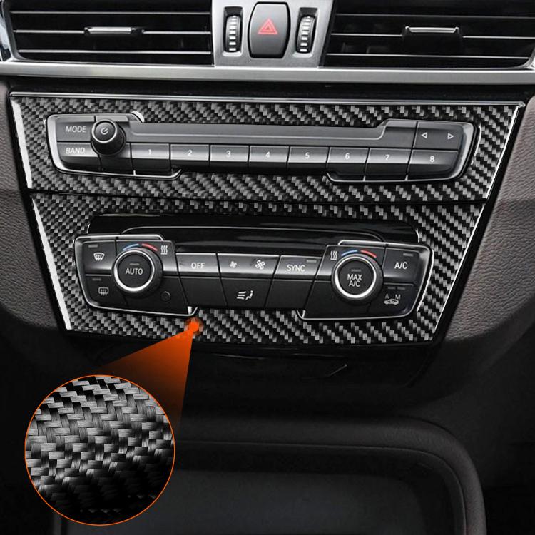 BMW center console with carbon-fiber radio and AC panel sticker set, weave detail