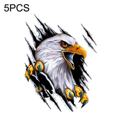 3D eagle head car sticker with white-gray feathers, orange beak, black claw flames