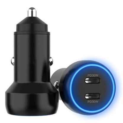 Black dual-port car charger with blue-lit USB ports