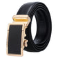 Men's black leather belt with automatic buckle, rose-gold metal with textured side.