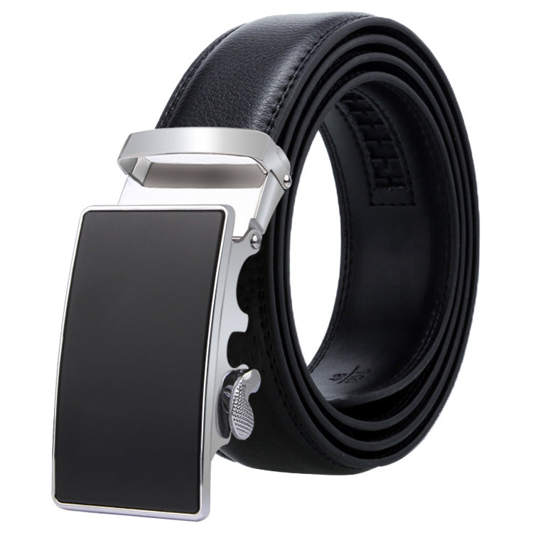 Men's black leather belt with automatic buckle, polished silver metal plate.