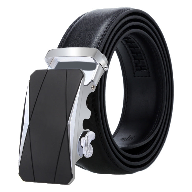 Black leather automatic buckle belt with silver-tone rectangular buckle front
