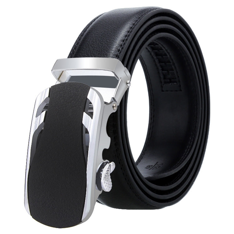 Black leather automatic buckle belt with silver-tone buckle and textured keeper