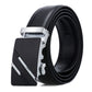Men's black leather belt with silver-toned automatic buckle and geometric plate