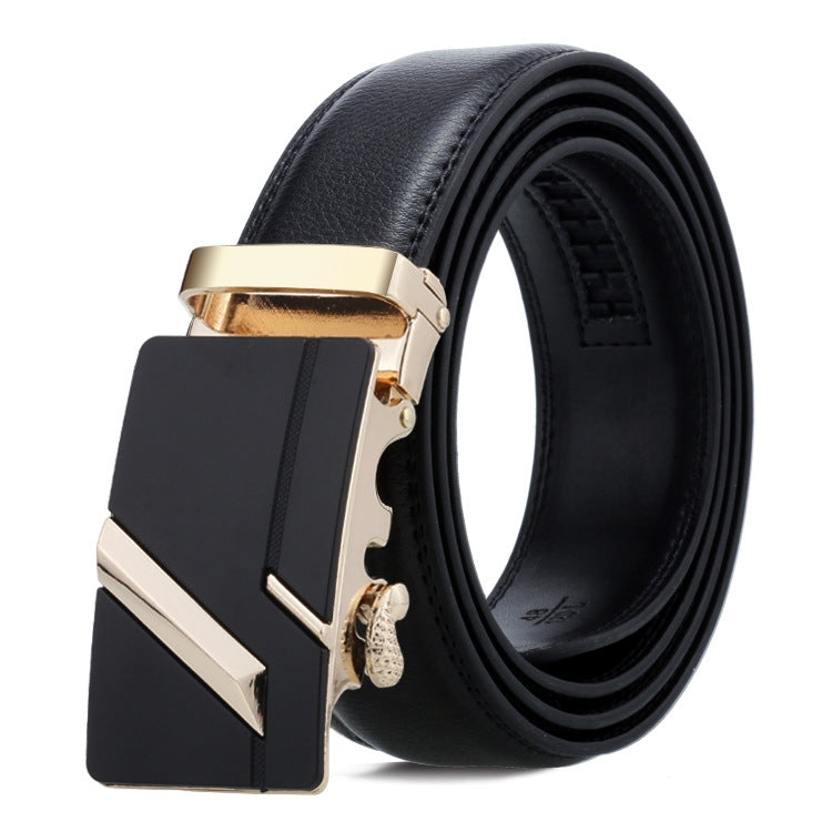 Men's black leather belt with gold-toned automatic buckle and angled stripe detail