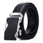 Men's black leather belt with silver-toned automatic buckle and zigzag panel detail