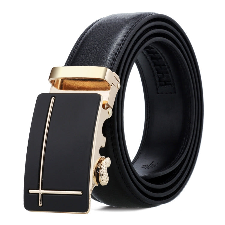 Men's black leather belt with gold-toned automatic buckle and cross-style bar detail