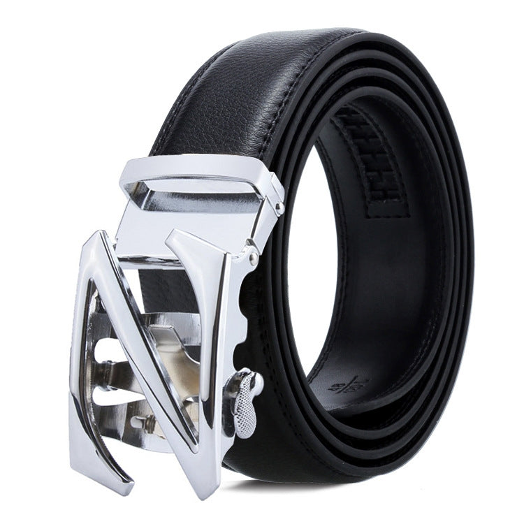 Men's black leather belt with bright silver-tone automatic buckle, open geometric design