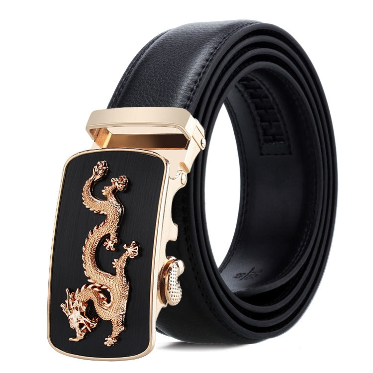 Men’s automatic buckle belt with black leather strap and gold-tone dragon graphic buckle
